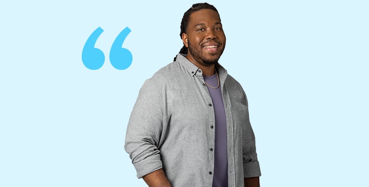 Photo of Royal smiling with the following caption: ‘Royal lives with hemophilia B with inhibitors, uses Alhemo®, and is an employee of Novo Nordisk.’