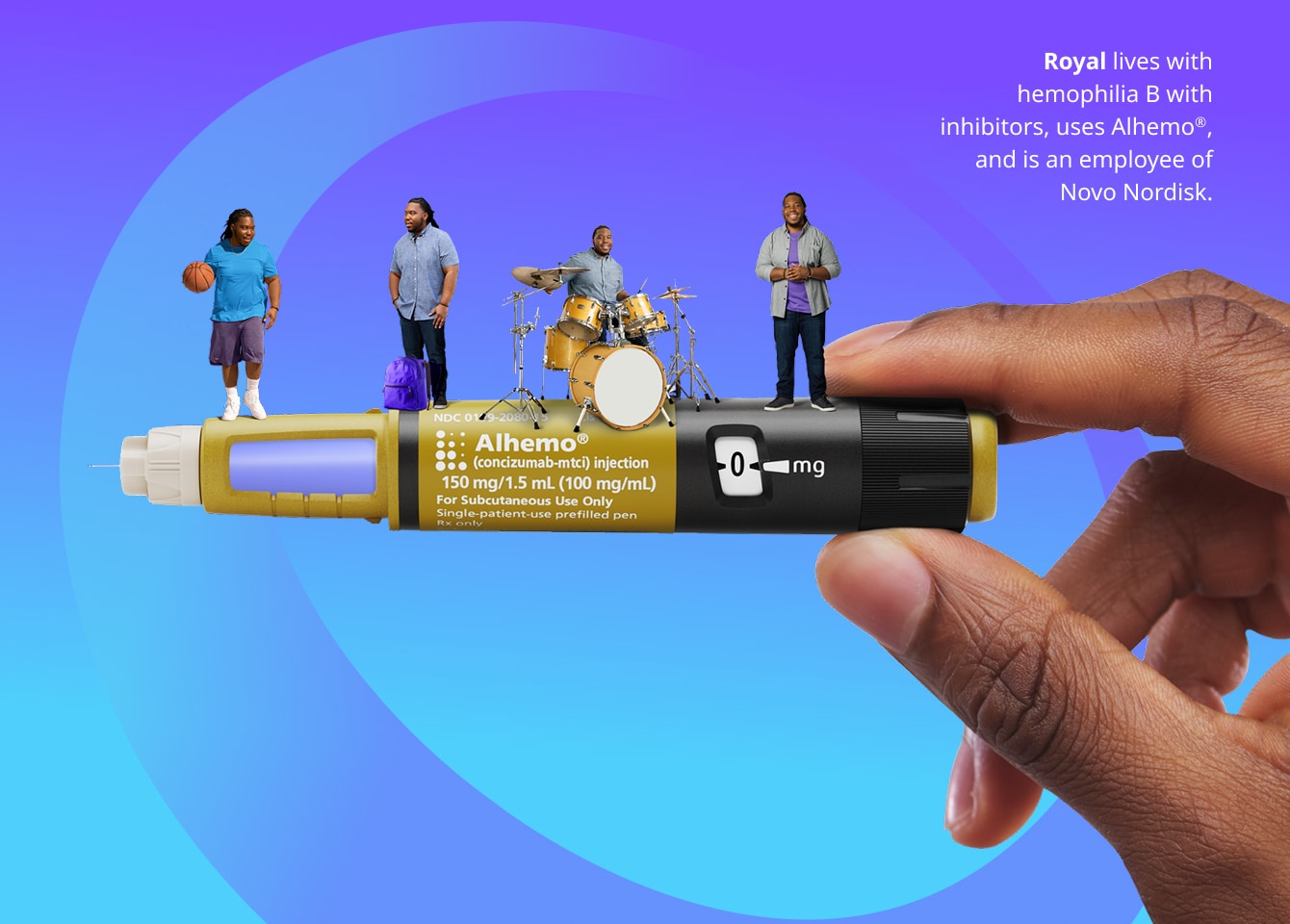 A photo of the Alhemo® prefilled pen with four images of Royal on top (playing basketball, traveling with a backpack, playing the drums, standing and smiling). A caption under the photo reads: ‘Royal lives with hemophilia B with inhibitors, uses Alhemo®, and is an employee of Novo Nordisk.’