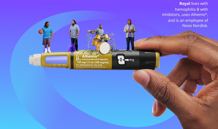A photo of the Alhemo® prefilled pen with four images of Royal on top (playing basketball, traveling with a backpack, playing the drums, standing and smiling). A caption under the photo reads: ‘Royal lives with hemophilia B with inhibitors, uses Alhemo®, and is an employee of Novo Nordisk.’