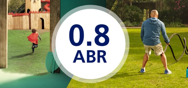 0.8 ABR with image of man exercising with ropes and image of child wearing a cape and running in the background.