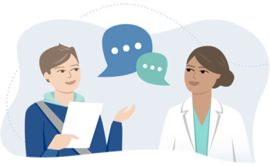 Illustration of a person with hemophilia A talking to their healthcare provider.