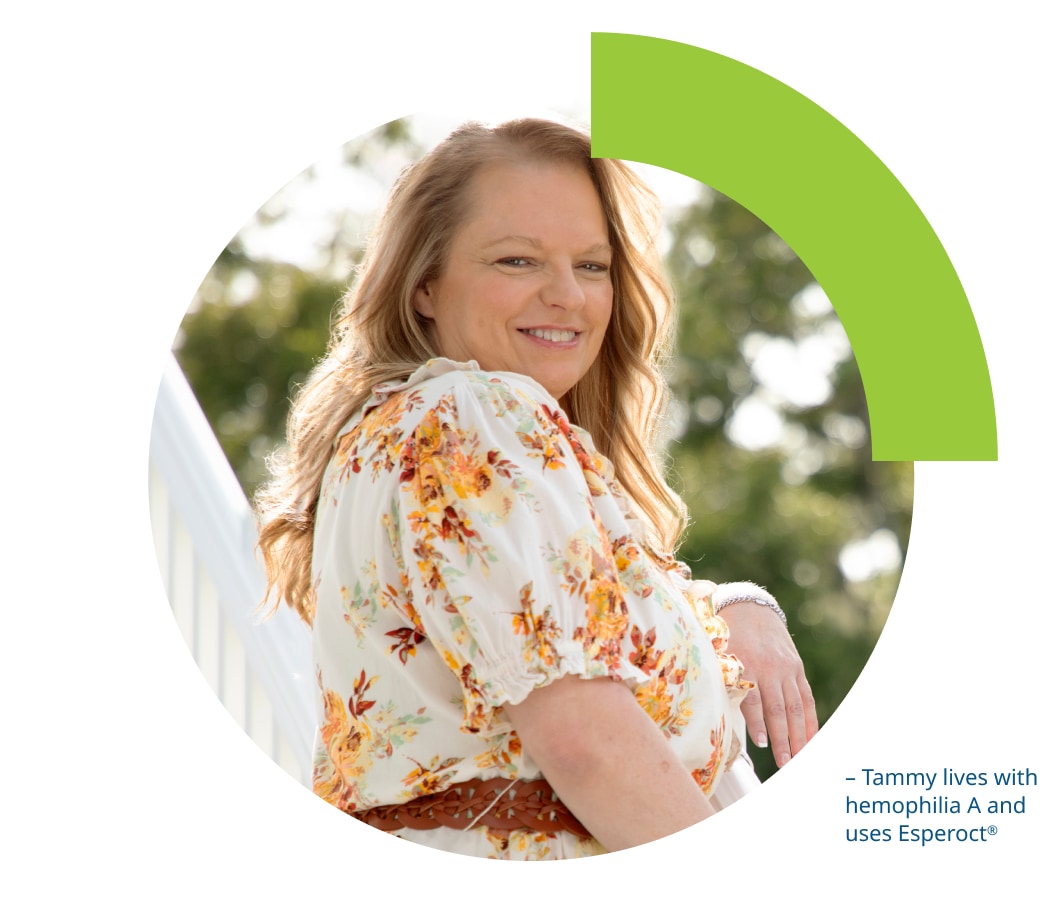 Photo of a woman smiling with the caption ‘Tammy lives with hemophilia A and uses Esperoct®’