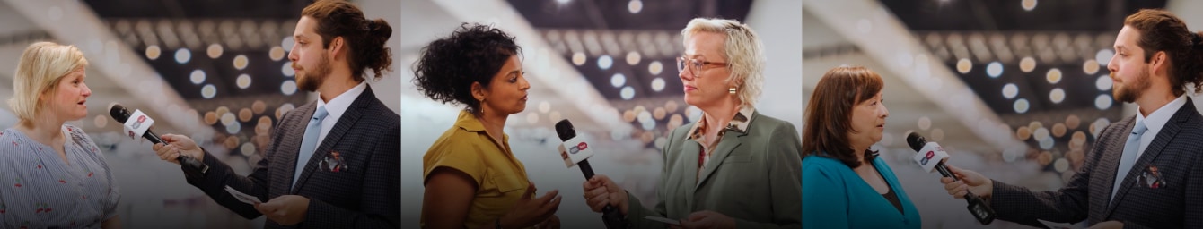 Three photos in a horizontal line, each of a different person being interviewed in a conference setting.