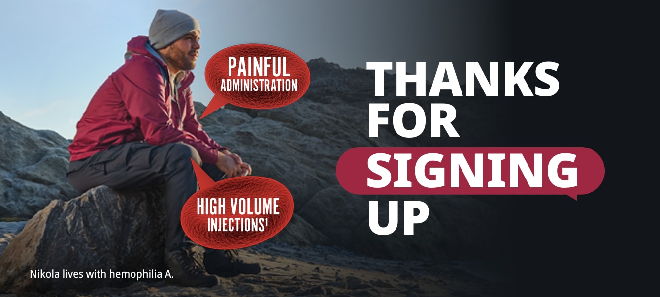Man on rocks with speech bubbles: 'Painful administration' and 'High volume injections' Text reads 'Thanks for signing up.'