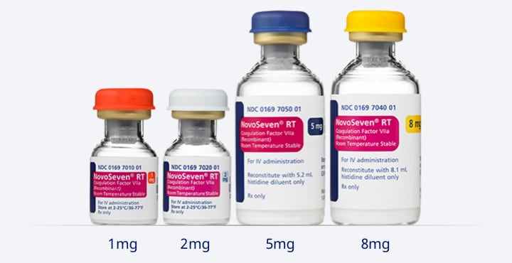 Four vials of NovoSeven&reg; RT, in sizes of 1 mg, 2 mg, 5mg and 8 mg.
