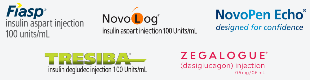 Images of the Fiasp® FlexTouch® (insulin aspart) injection 100 U/mL, Novolog® FlexPen® (insulin aspart) injection 100 U/mL, NovoPen Echo®, Tresiba® FlexTouch® (insulin degludec) injection U-100, and ZEGALOGUE® (dasiglucagon) injection 0.6 mg/0.6 mL, Autoinjector logos.